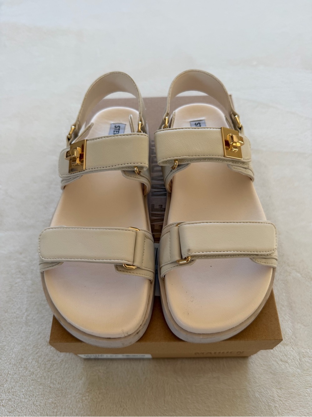 Steve Madden Bone Leather Strappy Sandals with Gold Hardware - Picture 3 of 8
